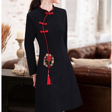 Load image into Gallery viewer, Long Sleeve Stand Collar Retro Buckle Lace Slim Improved Cheongsam Lady Autumn Elegant Plus Size Chinese Style Women Mini Dress