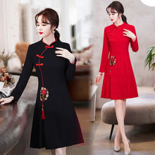 Load image into Gallery viewer, Long Sleeve Stand Collar Retro Buckle Lace Slim Improved Cheongsam Lady Autumn Elegant Plus Size Chinese Style Women Mini Dress