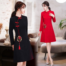 Load image into Gallery viewer, Long Sleeve Stand Collar Retro Buckle Lace Slim Improved Cheongsam Lady Autumn Elegant Plus Size Chinese Style Women Mini Dress