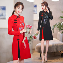 Load image into Gallery viewer, Long Sleeve Stand Collar Retro Buckle Lace Slim Improved Cheongsam Lady Autumn Elegant Plus Size Chinese Style Women Mini Dress