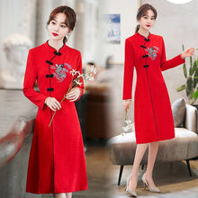 Load image into Gallery viewer, Long Sleeve Stand Collar Retro Buckle Lace Slim Improved Cheongsam Lady Autumn Elegant Plus Size Chinese Style Women Mini Dress