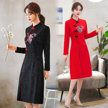 Load image into Gallery viewer, Long Sleeve Stand Collar Retro Buckle Lace Slim Improved Cheongsam Lady Autumn Elegant Plus Size Chinese Style Women Mini Dress