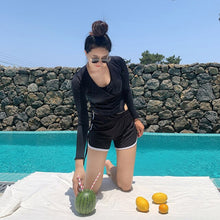 Load image into Gallery viewer, Long Sleeve Two Piece Swimsuit Women Solid Swimwear Blue Tankini Shorts High Waist 3 Sets Push Up Pad Bathing Suit Rash Guard