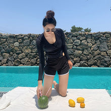 Load image into Gallery viewer, Long Sleeve Two Piece Swimsuit Women Solid Swimwear Blue Tankini Shorts High Waist 3 Sets Push Up Pad Bathing Suit Rash Guard