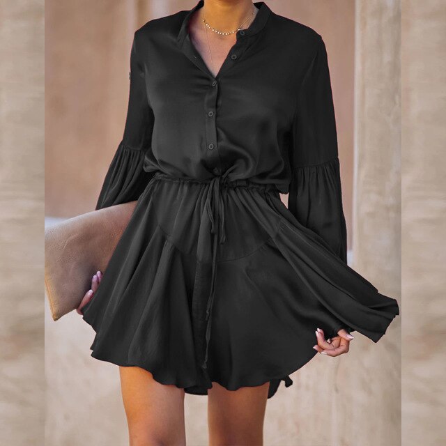Long Sleeve Vintage Women Shirt Dress 2021 Spring Summer Drawstring A Line Mini Dress Elegant Ladies Office Dresses Party Dress