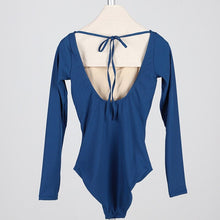 Load image into Gallery viewer, Long Sleeves One Piece Swimsuit Women Solid Swimwear Open Back Monokini Pleated Strappy Bathing Suit Removable Pad Beach Wear