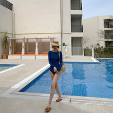 Load image into Gallery viewer, Long Sleeves One Piece Swimsuit Women Solid Swimwear Open Back Monokini Pleated Strappy Bathing Suit Removable Pad Beach Wear