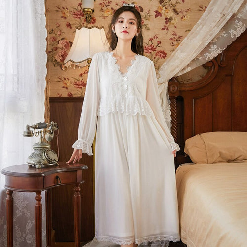 Long White Nightwear Vintage Homewear Modal Nightgowns Palace Nighty Women Patchwork Lace Sleepwear Luxury Sleeping Dress