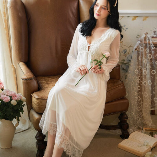 Long White Sleepwear Elegant Lace V-neck Nightdress Ladies Vintage Nightgowns Women Negligee Sexy Embroidery Floral Dress Cotton
