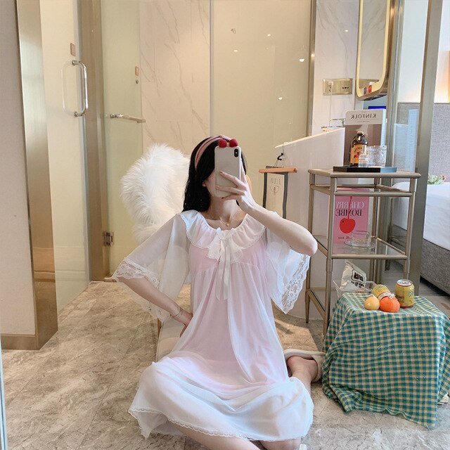 Long White Sleepwear Lace Sexy Women Negligee Vintage Ladies Elegant Japanese Nightgowns Sexy Hot Erotic Homewear Suit Pink