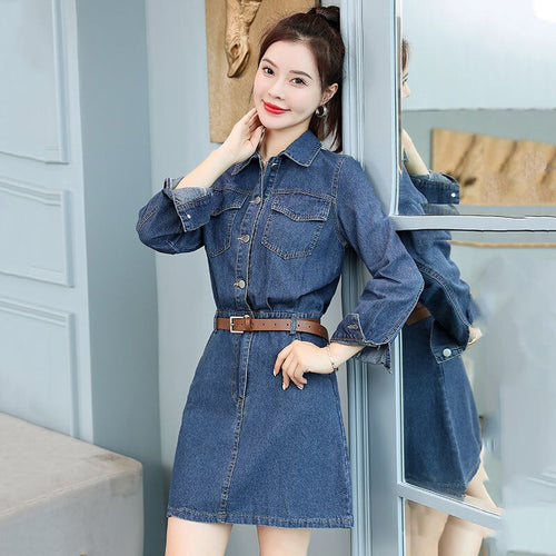 Long-sleeved Denim Dress Female 2022 Spring  Autumn New Style Slim High Waist Short Elegant Vintage Casual Fashion Dress Women