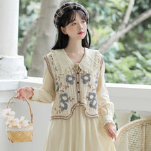 Load image into Gallery viewer, Loose Casual Korean Sweet Two Piece Set Women Autumn Fresh Retro Flower Knitted Vest+Doll Collar Dress Femme Cute Retro Set Fall