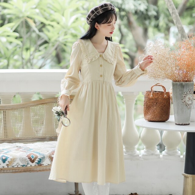 Loose Casual Korean Sweet Two Piece Set Women Autumn Fresh Retro Flower Knitted Vest+Doll Collar Dress Femme Cute Retro Set Fall