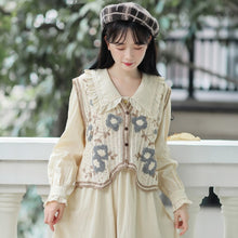 Load image into Gallery viewer, Loose Casual Korean Sweet Two Piece Set Women Autumn Fresh Retro Flower Knitted Vest+Doll Collar Dress Femme Cute Retro Set Fall