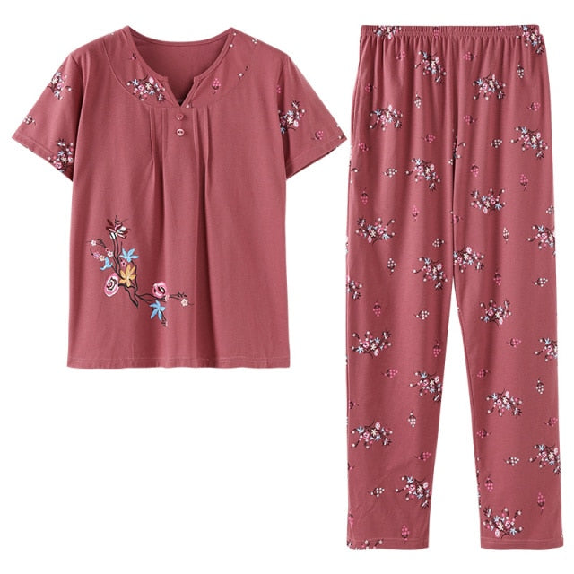 Loungewear Women Crew Neck Pjs Women 100% Cotton Homesuit Homeclothes Fashion Style Printing Short Sleeve Long Pants Pj Set
