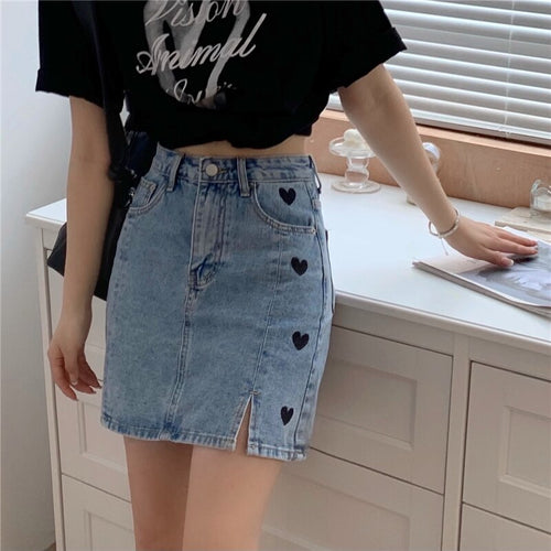 Love Embroidered Denim Skirt for Women Vintage High Waist Casual All Match Femme Faldas Summer 2022 Streetwear Trendy Jupe Moda