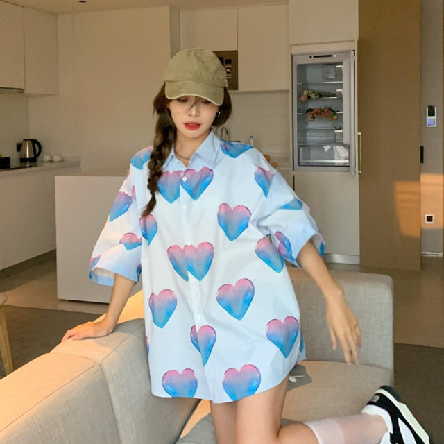 Love Gradient Fresh Button Up Female Shirts Tops For Women Plus Size Summer Top Boho Clothing Oversized Cardigan Korean Fashion