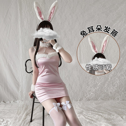 Lovely Christmas Cosplay Costumes Sexy Lingerie Velvet Dress Plush Erotic Costumes Sweet Bunny Girl Kawaii Hollow Out Outfits