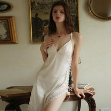 Load image into Gallery viewer, Luxurious and Noble Silk Sleepwear Female Winter Lace Deep V Sexy Nightdress Hollow Backless Satin Suspender Skirt Homewear 2022