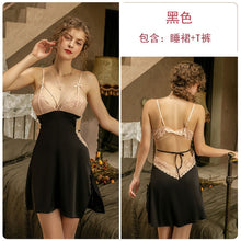 Load image into Gallery viewer, Luxury Nightgowns Lace Beauty Back Bow Knot Halter Strap Nightdress Sexy Sleepwear Night Wear V-Neck Embroidery Silk Dress