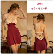 Load image into Gallery viewer, Luxury Nightgowns Lace Beauty Back Bow Knot Halter Strap Nightdress Sexy Sleepwear Night Wear V-Neck Embroidery Silk Dress