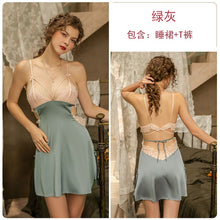 Load image into Gallery viewer, Luxury Nightgowns Lace Beauty Back Bow Knot Halter Strap Nightdress Sexy Sleepwear Night Wear V-Neck Embroidery Silk Dress