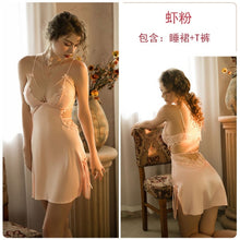 Load image into Gallery viewer, Luxury Nightgowns Lace Beauty Back Bow Knot Halter Strap Nightdress Sexy Sleepwear Night Wear V-Neck Embroidery Silk Dress