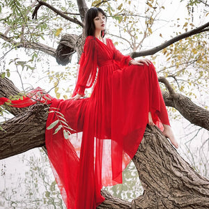 Luxury Red &amp; White Chiffon Long Dress For Elegant Lady Gorgeous V-Neck Lanter Sleeve Floor Length Bohimian Beach Dresses Vestido