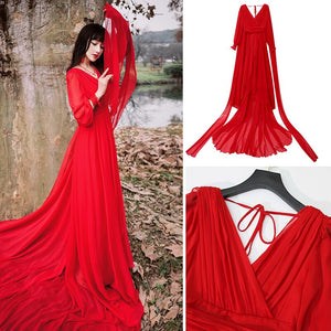 Luxury Red &amp; White Chiffon Long Dress For Elegant Lady Gorgeous V-Neck Lanter Sleeve Floor Length Bohimian Beach Dresses Vestido