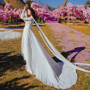 Luxury Red &amp; White Chiffon Long Dress For Elegant Lady Gorgeous V-Neck Lanter Sleeve Floor Length Bohimian Beach Dresses Vestido