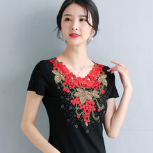 Load image into Gallery viewer, M-4XL New 2021 Summer Tops Fashion Casual Short Sleeve Embroidered  T-shirt Women Plus Size Women Shirt Blusas