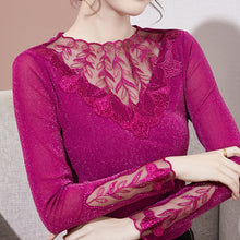 Load image into Gallery viewer, M-4XL Plus Size High-end Embroidered Bottoming Shirt New 2021 Autumn Long Sleeve Lace Tops Elegant Slim Patchwork T-Shirt