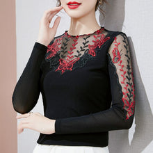 Load image into Gallery viewer, M-4XL Plus Size Women Clothing New 2021 Autumn Winter Long Sleeve Mesh T-Shirt Elegant Slim Hollow Out Embroidered Lace Tops