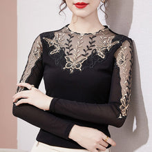 Load image into Gallery viewer, M-4XL Plus Size Women Clothing New 2021 Autumn Winter Long Sleeve Mesh T-Shirt Elegant Slim Hollow Out Embroidered Lace Tops