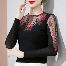 Load image into Gallery viewer, M-4XL Plus Size Women Clothing New 2021 Autumn Winter Long Sleeve Mesh T-Shirt Elegant Slim Hollow Out Embroidered Lace Tops