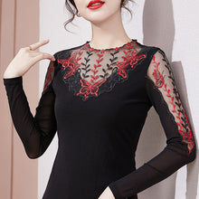 Load image into Gallery viewer, M-4XL Plus Size Women Clothing New 2021 Autumn Winter Long Sleeve Mesh T-Shirt Elegant Slim Hollow Out Embroidered Lace Tops