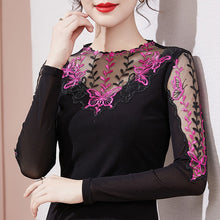 Load image into Gallery viewer, M-4XL Plus Size Women Clothing New 2021 Autumn Winter Long Sleeve Mesh T-Shirt Elegant Slim Hollow Out Embroidered Lace Tops