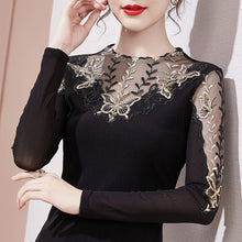 Load image into Gallery viewer, M-4XL Plus Size Women Clothing New 2021 Autumn Winter Long Sleeve Mesh T-Shirt Elegant Slim Hollow Out Embroidered Lace Tops