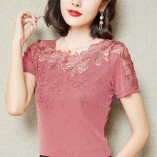 Load image into Gallery viewer, M-4XL Women T-Shirt 2021 New Lace Hollow Embroidery Mesh Tops Fashion Casual Short Sleeve Hot drilling Women&#39;s Shirt Blusas