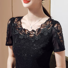 Load image into Gallery viewer, M-4XL Women T-Shirt 2021 New Lace Hollow Embroidery Mesh Tops Fashion Casual Short Sleeve Hot drilling Women&#39;s Shirt Blusas
