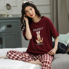 Load image into Gallery viewer, M-5XL Pajama Set Women Short Sleeve Top Cartoon Plaid Long Pants Pajamas Set Soft Sleepwear Female Pyjama Set Summer Home Wear