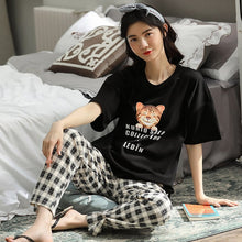 Load image into Gallery viewer, M-5XL Pajama Set Women Short Sleeve Top Cartoon Plaid Long Pants Pajamas Set Soft Sleepwear Female Pyjama Set Summer Home Wear