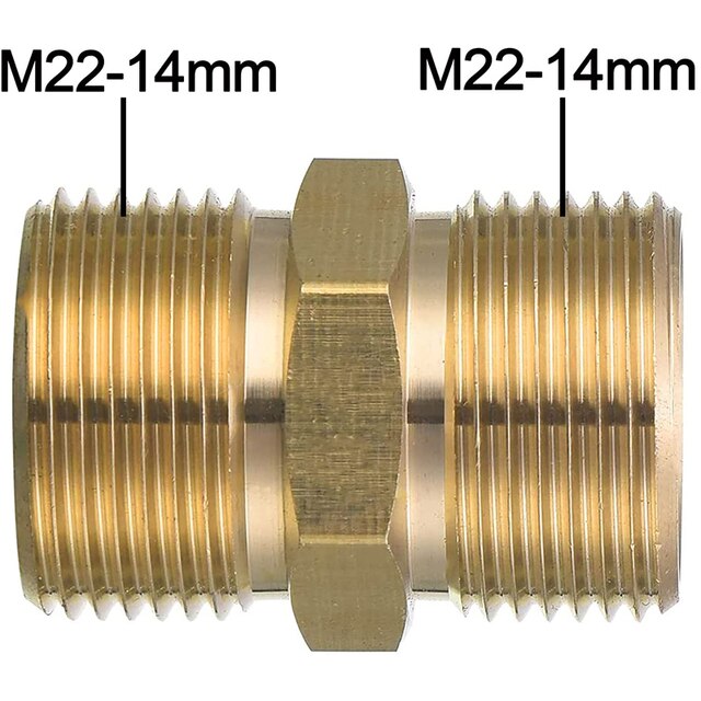 M22 Pressure Washer Hose Extension Coupler, Metric M22-14mm Male Thread to M22-14mm Male Fitting, Solid Brass, 5000PSI