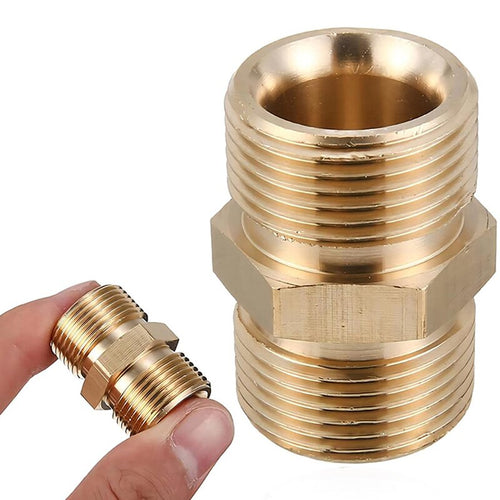 M22 Pressure Washer Hose Extension Coupler, Metric M22-14mm Male Thread to M22-14mm Male Fitting, Solid Brass, 5000PSI