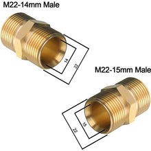 Load image into Gallery viewer, M22 Pressure Washer Hose Extension Coupler, Metric M22-14mm Male Thread to M22-14mm Male Fitting, Solid Brass, 5000PSI
