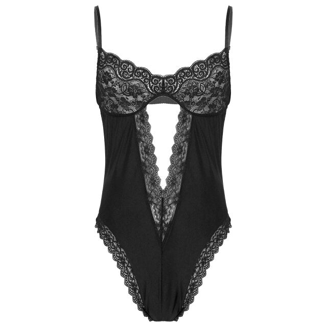 Male Sexy Underwear Gay Sissy See-through Lace Patchwork Cutout Jumpsuit Men Erotic Lingerie Fetish Bodysuit Male Sexy Costume