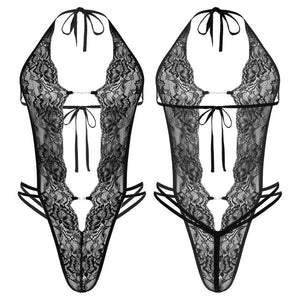 Man Sissy Catsuit Teddy Bodysuit Black Floral Lace Transparent Erotic Lingerie Sexy Nightwear Bodysuits Body Wear Sexy Lingerie