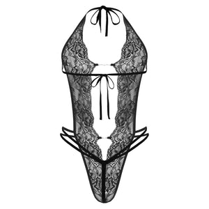 Man Sissy Catsuit Teddy Bodysuit Black Floral Lace Transparent Erotic Lingerie Sexy Nightwear Bodysuits Body Wear Sexy Lingerie