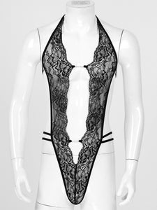 Man Sissy Catsuit Teddy Bodysuit Black Floral Lace Transparent Erotic Lingerie Sexy Nightwear Bodysuits Body Wear Sexy Lingerie