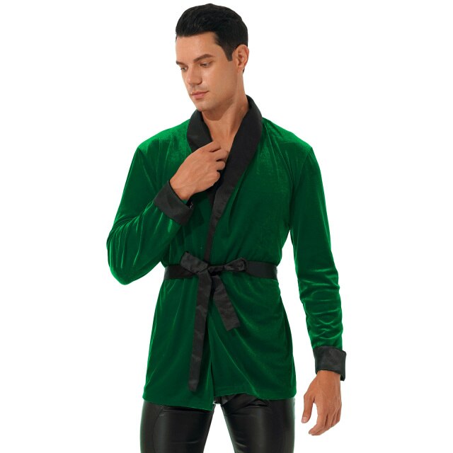 Men Christmas Kimono Bathrobe Nightwear Autumn Velvet Robe Tops With Belt Winter Warm Sleepwear Nightgown Male Loose Home Wear